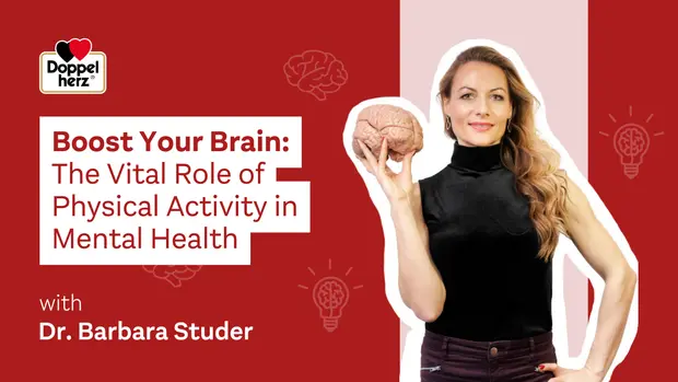 A woman dressed in black holds a brain in one hand, symbolizing the connection between physical activity and mental health. The text reads "Boost Your Brain: The Vital Role of Physical Activity in Mental Health," featuring Dr. Barbara Studer. A lightbulb and brain icons are present.